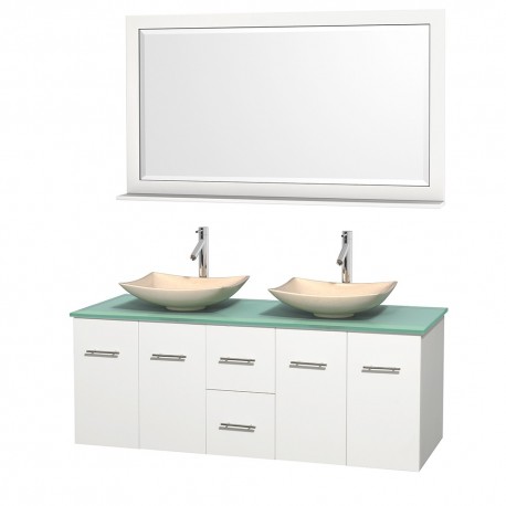 60 inch Double Bathroom Vanity in Matte White, Green Glass Countertop, Arista Ivory Marble Sinks, and 58 inch Mirror
