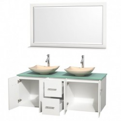 60 inch Double Bathroom Vanity in Matte White, Green Glass Countertop, Arista Ivory Marble Sinks, and 58 inch Mirror