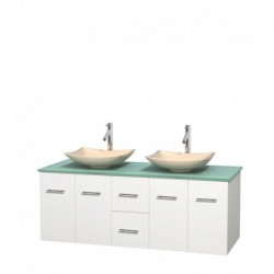 60 inch Double Bathroom Vanity in Matte White, Green Glass Countertop, Arista Ivory Marble Sinks, and No Mirror