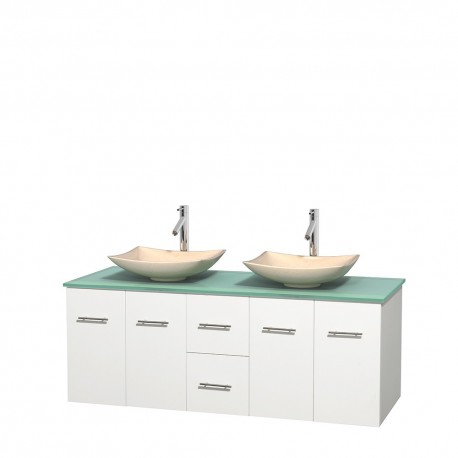 60 inch Double Bathroom Vanity in Matte White, Green Glass Countertop, Arista Ivory Marble Sinks, and No Mirror