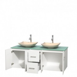 60 inch Double Bathroom Vanity in Matte White, Green Glass Countertop, Arista Ivory Marble Sinks, and No Mirror