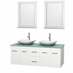 60 inch Double Bathroom Vanity in Matte White, Green Glass Countertop, Arista White Carrera Marble Sinks, and 24 inch Mirrors
