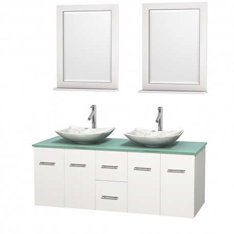 60 inch Double Bathroom Vanity in Matte White, Green Glass Countertop, Arista White Carrera Marble Sinks, and 24 inch Mirrors