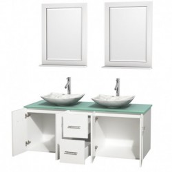 60 inch Double Bathroom Vanity in Matte White, Green Glass Countertop, Arista White Carrera Marble Sinks, and 24 inch Mirrors
