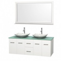 60 inch Double Bathroom Vanity in Matte White, Green Glass Countertop, Arista White Carrera Marble Sinks, and 58 inch Mirror