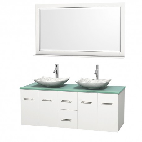 60 inch Double Bathroom Vanity in Matte White, Green Glass Countertop, Arista White Carrera Marble Sinks, and 58 inch Mirror