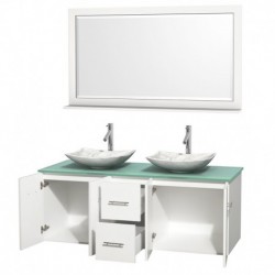 60 inch Double Bathroom Vanity in Matte White, Green Glass Countertop, Arista White Carrera Marble Sinks, and 58 inch Mirror