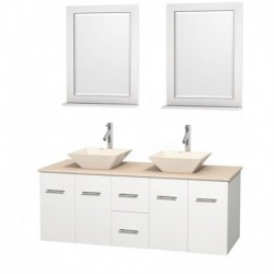 60 inch Double Bathroom Vanity in Matte White, Ivory Marble Countertop, Pyra Bone Porcelain Sinks, and 24 inch Mirrors