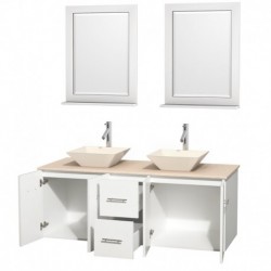 60 inch Double Bathroom Vanity in Matte White, Ivory Marble Countertop, Pyra Bone Porcelain Sinks, and 24 inch Mirrors