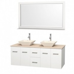 60 inch Double Bathroom Vanity in Matte White, Ivory Marble Countertop, Pyra Bone Porcelain Sinks, and 58 inch Mirror