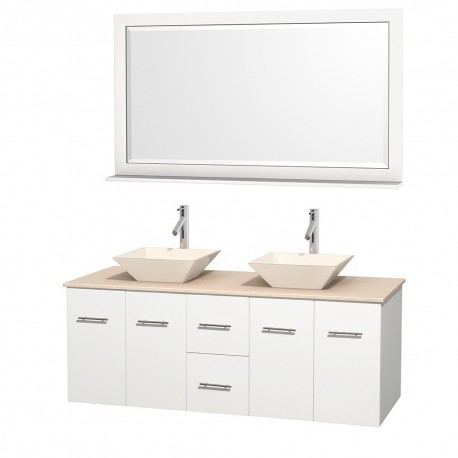 60 inch Double Bathroom Vanity in Matte White, Ivory Marble Countertop, Pyra Bone Porcelain Sinks, and 58 inch Mirror