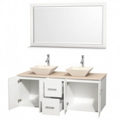 60 inch Double Bathroom Vanity in Matte White, Ivory Marble Countertop, Pyra Bone Porcelain Sinks, and 58 inch Mirror