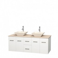 60 inch Double Bathroom Vanity in Matte White, Ivory Marble Countertop, Pyra Bone Porcelain Sinks, and No Mirror