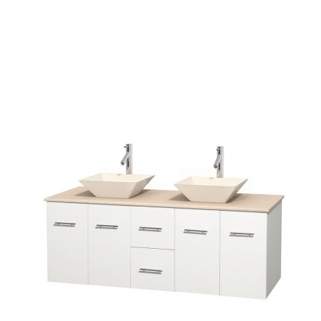 60 inch Double Bathroom Vanity in Matte White, Ivory Marble Countertop, Pyra Bone Porcelain Sinks, and No Mirror