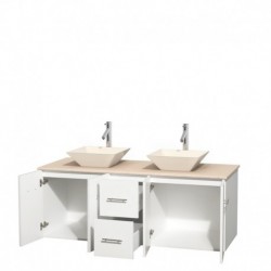 60 inch Double Bathroom Vanity in Matte White, Ivory Marble Countertop, Pyra Bone Porcelain Sinks, and No Mirror