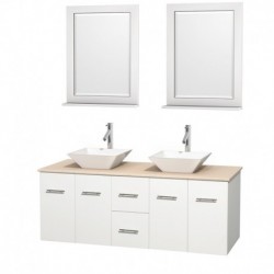 60 inch Double Bathroom Vanity in Matte White, Ivory Marble Countertop, Pyra White Porcelain Sinks, and 24 inch Mirrors