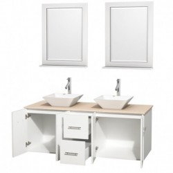 60 inch Double Bathroom Vanity in Matte White, Ivory Marble Countertop, Pyra White Porcelain Sinks, and 24 inch Mirrors