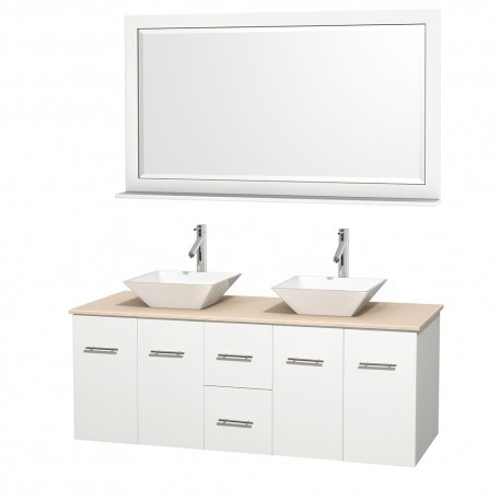 60 inch Double Bathroom Vanity in Matte White, Ivory Marble Countertop, Pyra White Porcelain Sinks, and 58 inch Mirror