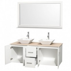 60 inch Double Bathroom Vanity in Matte White, Ivory Marble Countertop, Pyra White Porcelain Sinks, and 58 inch Mirror