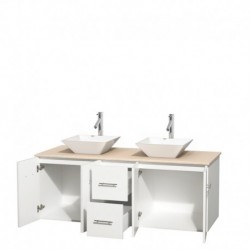 60 inch Double Bathroom Vanity in Matte White, Ivory Marble Countertop, Pyra White Porcelain Sinks, and No Mirror