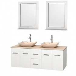 60 inch Double Bathroom Vanity in Matte White, Ivory Marble Countertop, Avalon Ivory Marble Sinks, and 24 inch Mirrors