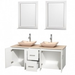 60 inch Double Bathroom Vanity in Matte White, Ivory Marble Countertop, Avalon Ivory Marble Sinks, and 24 inch Mirrors