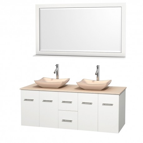 60 inch Double Bathroom Vanity in Matte White, Ivory Marble Countertop, Avalon Ivory Marble Sinks, and 58 inch Mirror