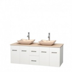60 inch Double Bathroom Vanity in Matte White, Ivory Marble Countertop, Avalon Ivory Marble Sinks, and No Mirror
