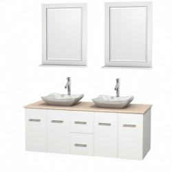 60 inch Double Bathroom Vanity in Matte White, Ivory Marble Countertop, Avalon White Carrera Marble Sinks, and 24 inch Mirrors