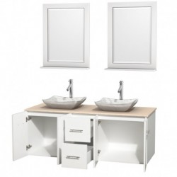 60 inch Double Bathroom Vanity in Matte White, Ivory Marble Countertop, Avalon White Carrera Marble Sinks, and 24 inch Mirrors