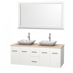 60 inch Double Bathroom Vanity in Matte White, Ivory Marble Countertop, Avalon White Carrera Marble Sinks, and 58 inch Mirror