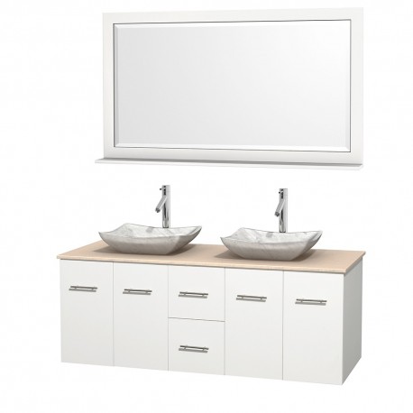 60 inch Double Bathroom Vanity in Matte White, Ivory Marble Countertop, Avalon White Carrera Marble Sinks, and 58 inch Mirror