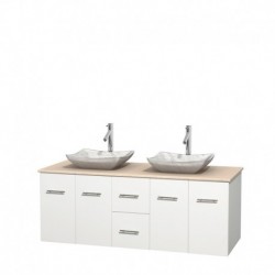 60 inch Double Bathroom Vanity in Matte White, Ivory Marble Countertop, Avalon White Carrera Marble Sinks, and No Mirror