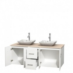 60 inch Double Bathroom Vanity in Matte White, Ivory Marble Countertop, Avalon White Carrera Marble Sinks, and No Mirror