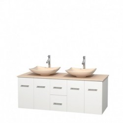 60 inch Double Bathroom Vanity in Matte White, Ivory Marble Countertop, Arista Ivory Marble Sinks, and No Mirror