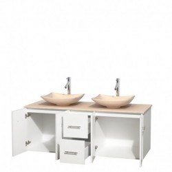 60 inch Double Bathroom Vanity in Matte White, Ivory Marble Countertop, Arista Ivory Marble Sinks, and No Mirror