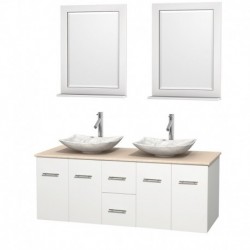 60 inch Double Bathroom Vanity in Matte White, Ivory Marble Countertop, Arista White Carrera Marble Sinks, and 24 inch Mirrors