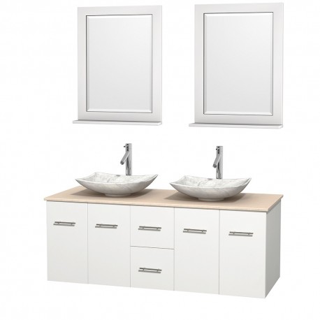 60 inch Double Bathroom Vanity in Matte White, Ivory Marble Countertop, Arista White Carrera Marble Sinks, and 24 inch Mirrors