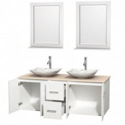 60 inch Double Bathroom Vanity in Matte White, Ivory Marble Countertop, Arista White Carrera Marble Sinks, and 24 inch Mirrors
