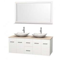 60 inch Double Bathroom Vanity in Matte White, Ivory Marble Countertop, Arista White Carrera Marble Sinks, and 58 inch Mirror