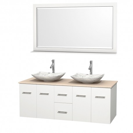60 inch Double Bathroom Vanity in Matte White, Ivory Marble Countertop, Arista White Carrera Marble Sinks, and 58 inch Mirror