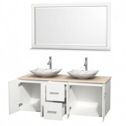 60 inch Double Bathroom Vanity in Matte White, Ivory Marble Countertop, Arista White Carrera Marble Sinks, and 58 inch Mirror