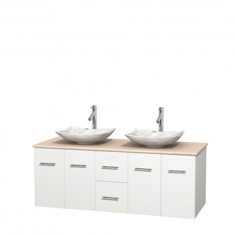 60 inch Double Bathroom Vanity in Matte White, Ivory Marble Countertop, Arista White Carrera Marble Sinks, and No Mirror