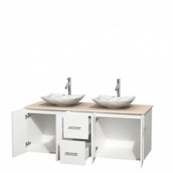 60 inch Double Bathroom Vanity in Matte White, Ivory Marble Countertop, Arista White Carrera Marble Sinks, and No Mirror