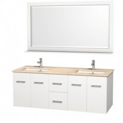 60 inch Double Bathroom Vanity in Matte White, Ivory Marble Countertop, Square Porcelain Undermount Sinks, and 58 inch Mirror