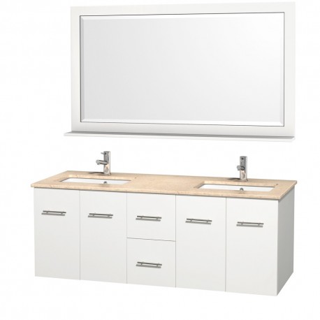 60 inch Double Bathroom Vanity in Matte White, Ivory Marble Countertop, Square Porcelain Undermount Sinks, and 58 inch Mirror
