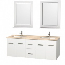 60 inch Double Bathroom Vanity in Matte White, Ivory Marble Countertop, Undermount Square Sink, and 24 inch Mirrors