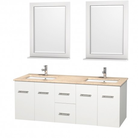 60 inch Double Bathroom Vanity in Matte White, Ivory Marble Countertop, Undermount Square Sink, and 24 inch Mirrors
