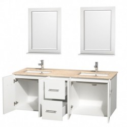 60 inch Double Bathroom Vanity in Matte White, Ivory Marble Countertop, Undermount Square Sink, and 24 inch Mirrors