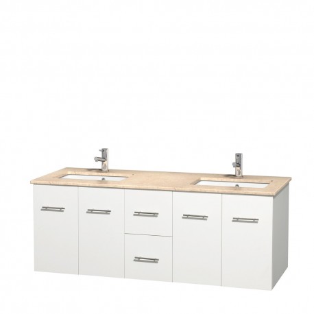 60 inch Double Bathroom Vanity in Matte White, Ivory Marble Countertop, Undermount Square Sinks, and No Mirror